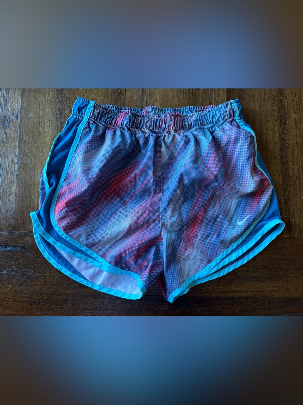 Nike Women’s Pink Marble Running Shorts with Teal Trim- size Medium